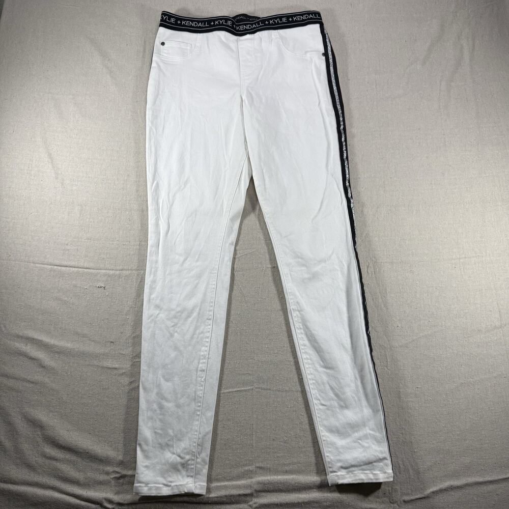 Kendall + Kylie White Jeggings Womens M Logo Waistband Glitter Side Stripe Jeans